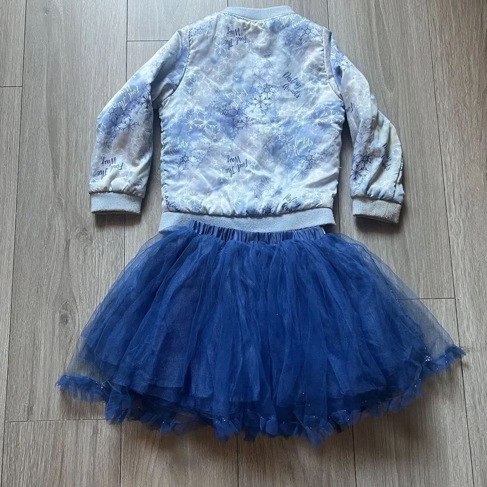 Disney Frozen Outfit Set Blue‎ Coat Jacket + Tutu Skirt Silver Glitter 5-6T
